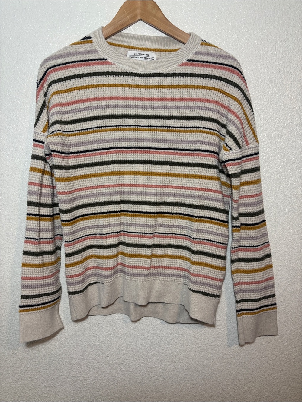REI Co-op 100% Cotton Wallace Lake Waffle Knit Sweater Size Medium Cream Striped
